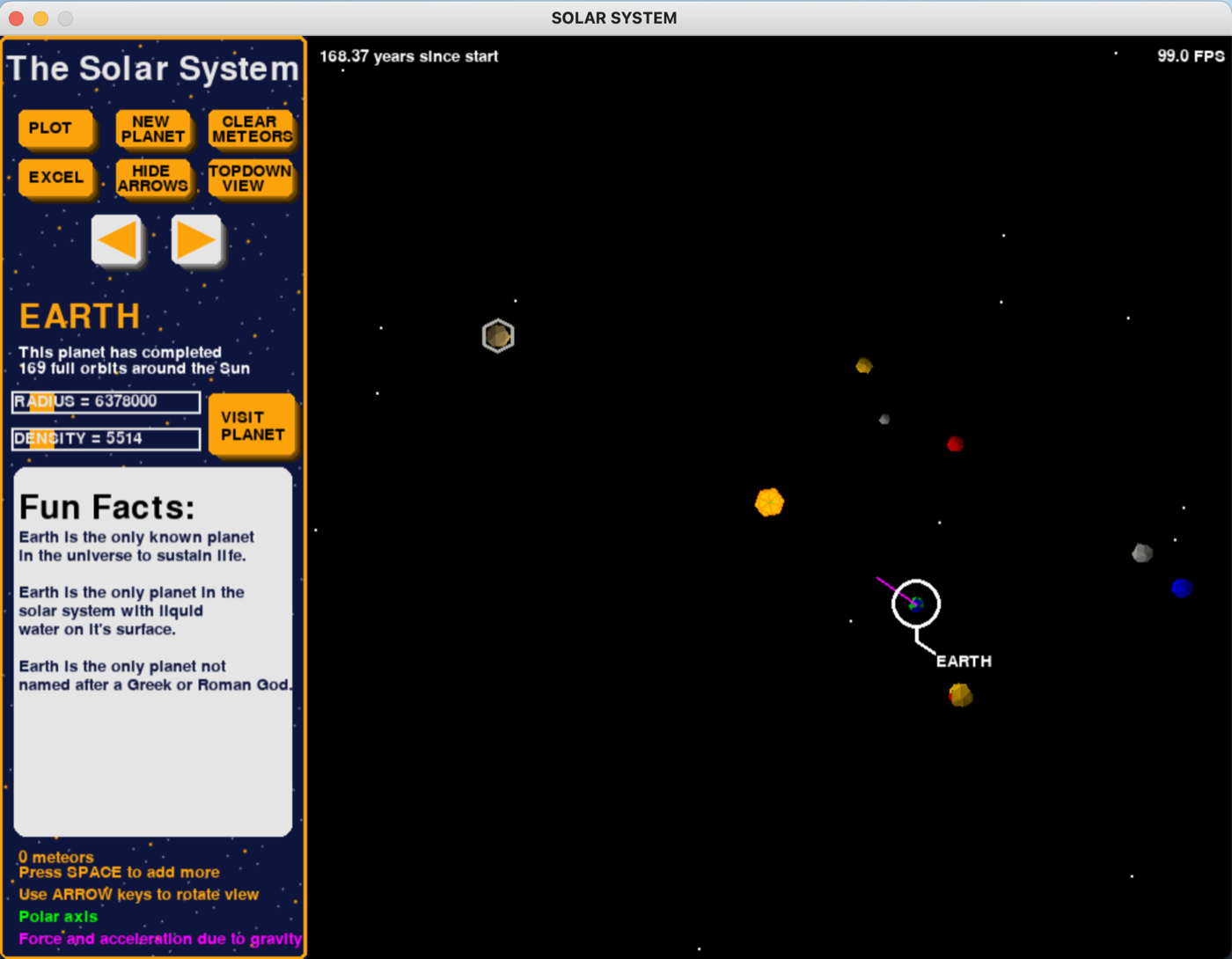 The finished simulation's interface: a sidebar with orbit-count and planet-fact panels, sliders for radius and density, and the 3D solar system rendered alongside, 168.37 years into the run with Earth having completed 169 orbits.