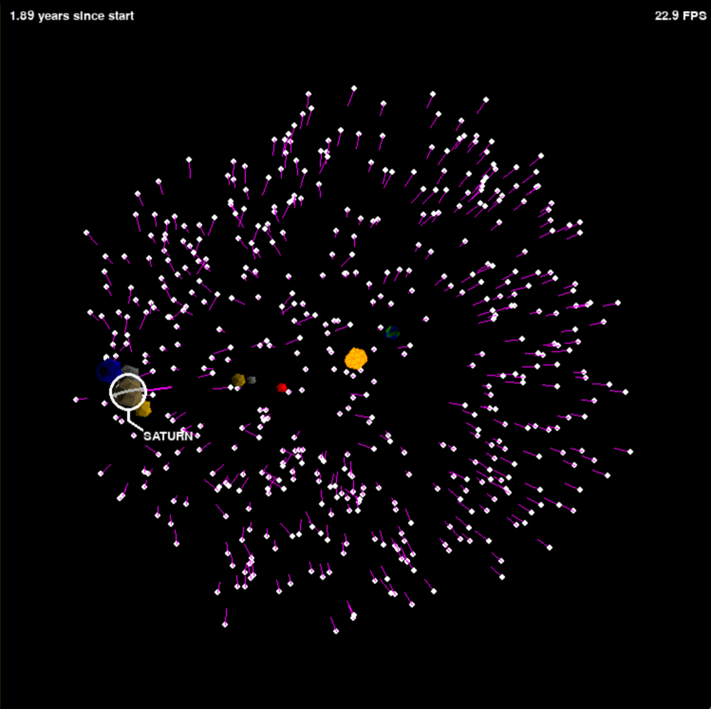 A dense burst of around five hundred meteors with acceleration lines radiating outward, frame counter reading 22.9 FPS.