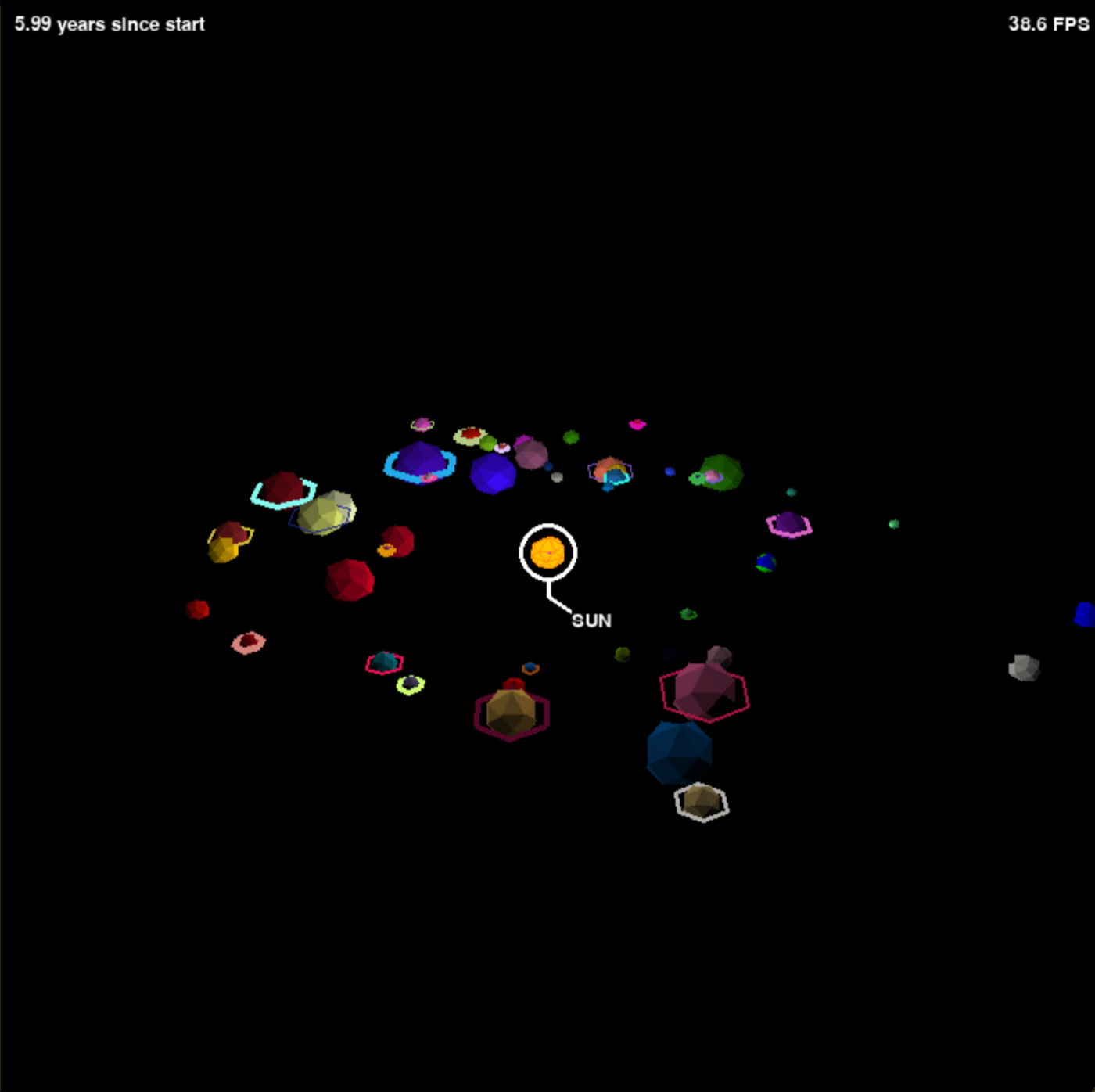 Thirty differently-coloured user-created planets orbiting the Sun, with a frame counter reading 38.6 FPS.